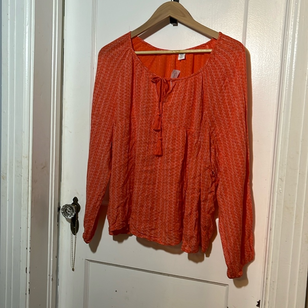 Old Navy XXL Orange & White Peasant Top Long Sleeve Tie with tassels. NWT.